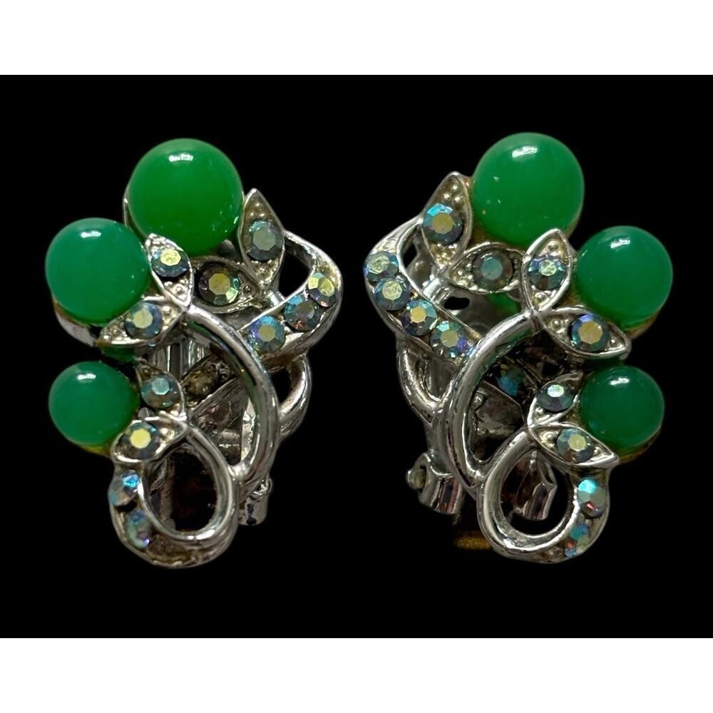 Faux jade earrings Clip On jeweled aurora borealis Rhinestone Vintage Jewelry